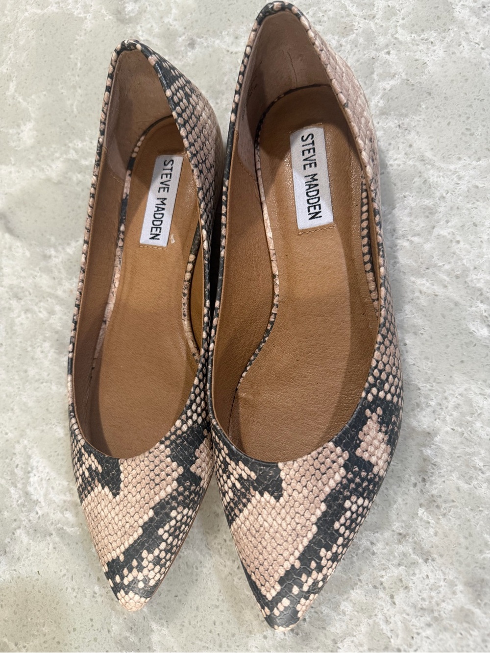 Steve Madden Pointed Toe Snakeskin Flats in Blush and Black